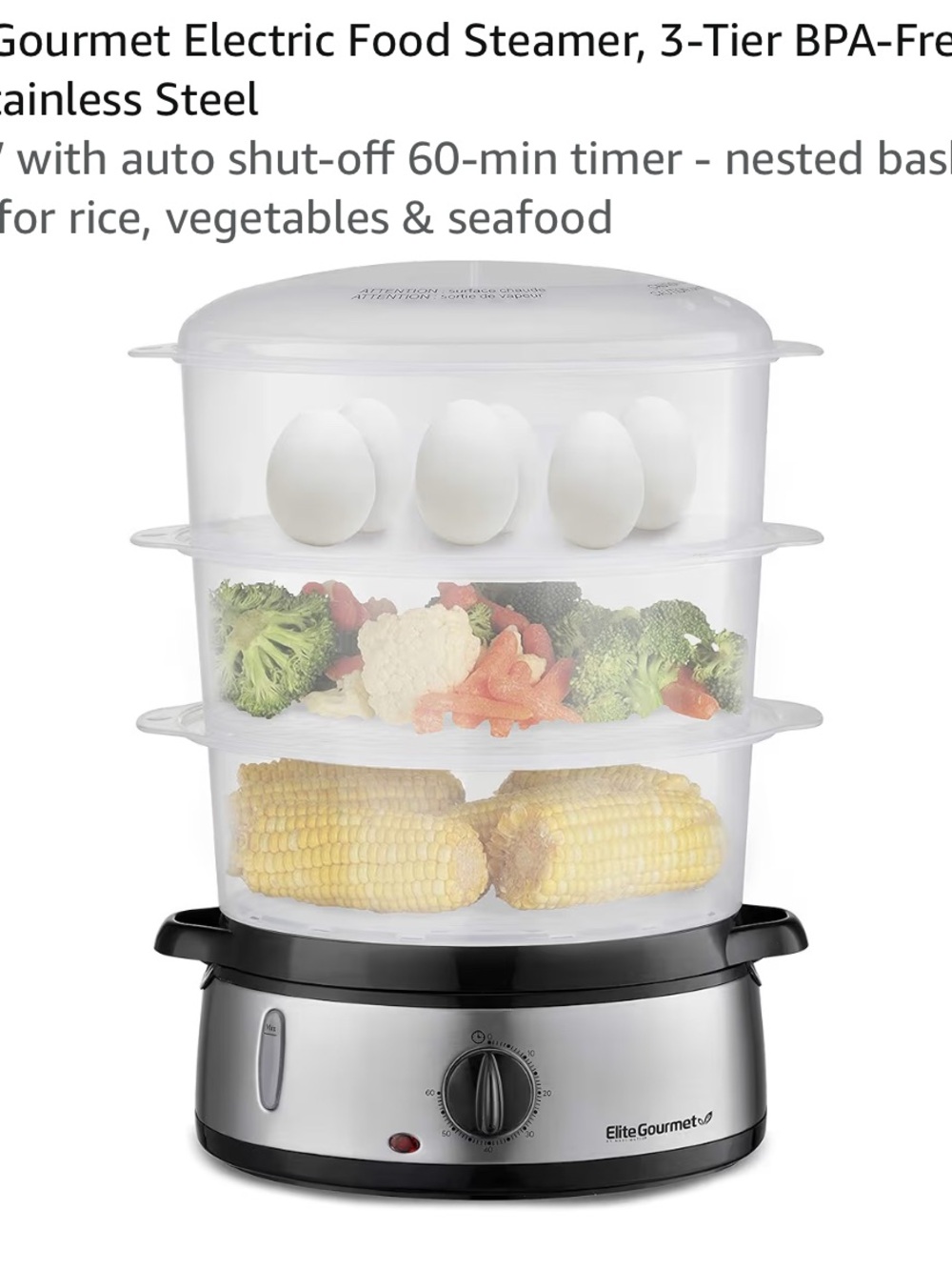 Elite Gourmet Electric Food Steamer, 3-Tier BPA-Free, 9 Qt, Stainless Steel